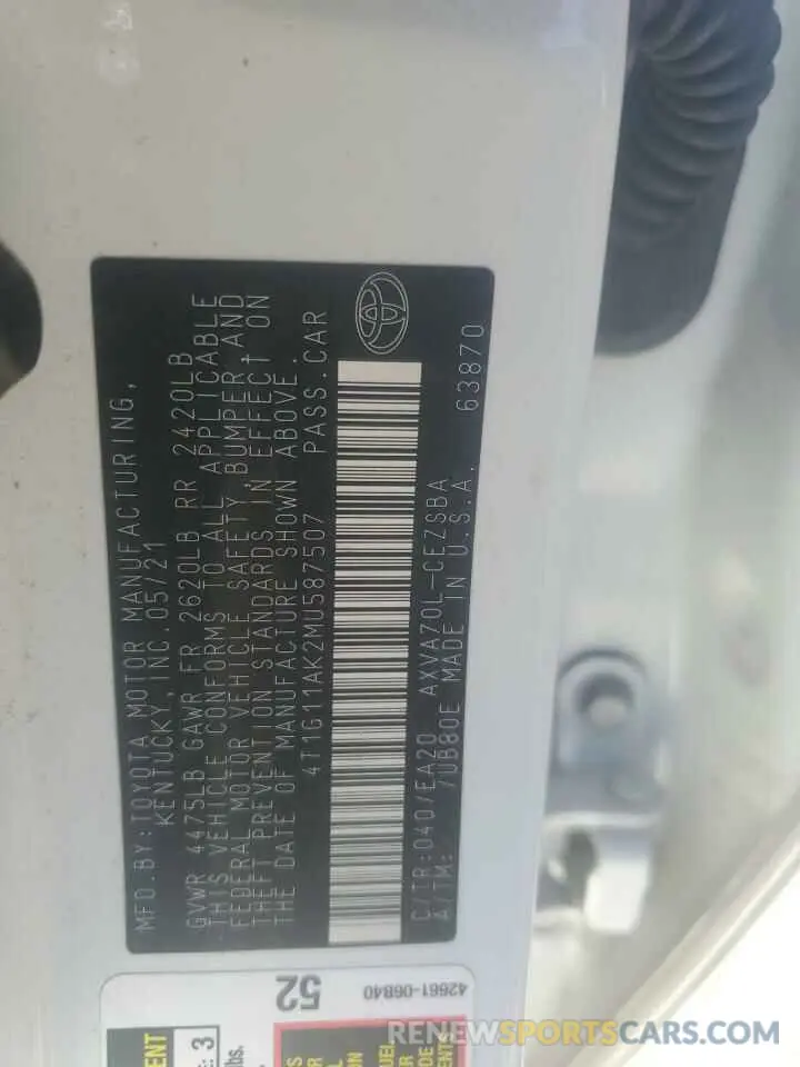 12 fotografías del automóvil dañado 4T1G11AK2MU587507 TOYOTA CAMRY 2021