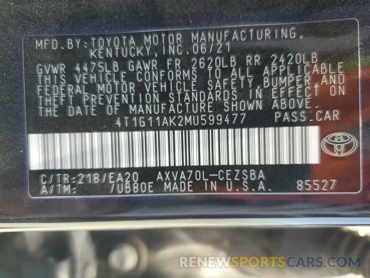 13 fotografías del automóvil dañado 4T1G11AK2MU599477 TOYOTA CAMRY 2021