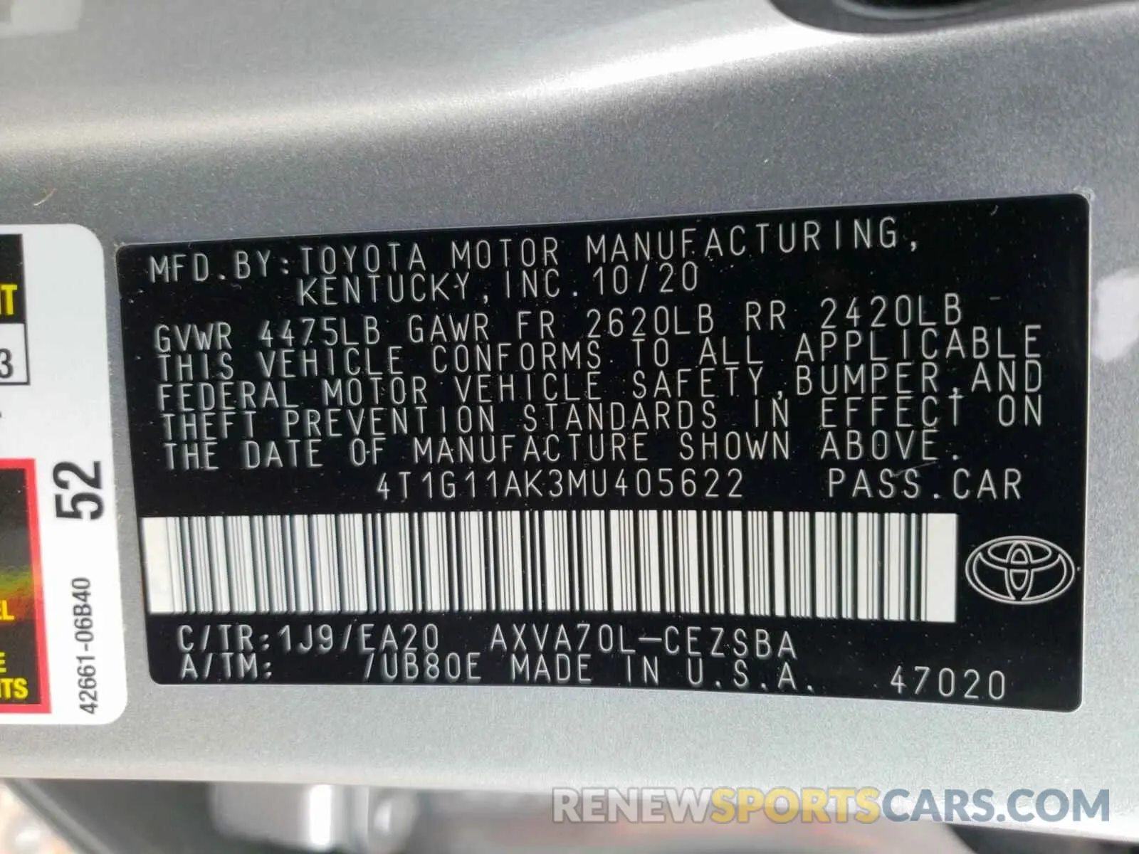10 fotografías del automóvil dañado 4T1G11AK3MU405622 TOYOTA CAMRY 2021