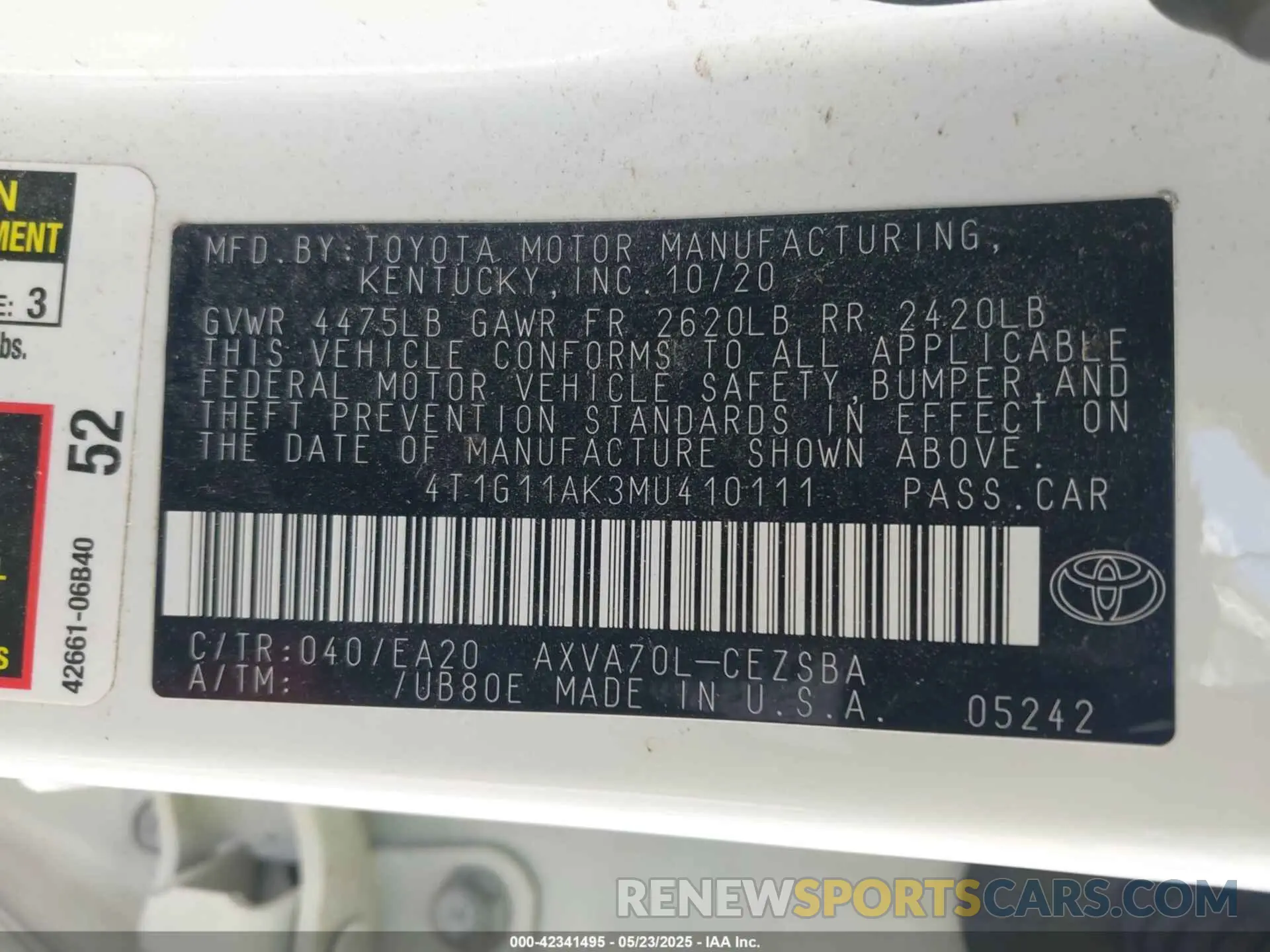 9 fotografías del automóvil dañado 4T1G11AK3MU410111 TOYOTA CAMRY 2021