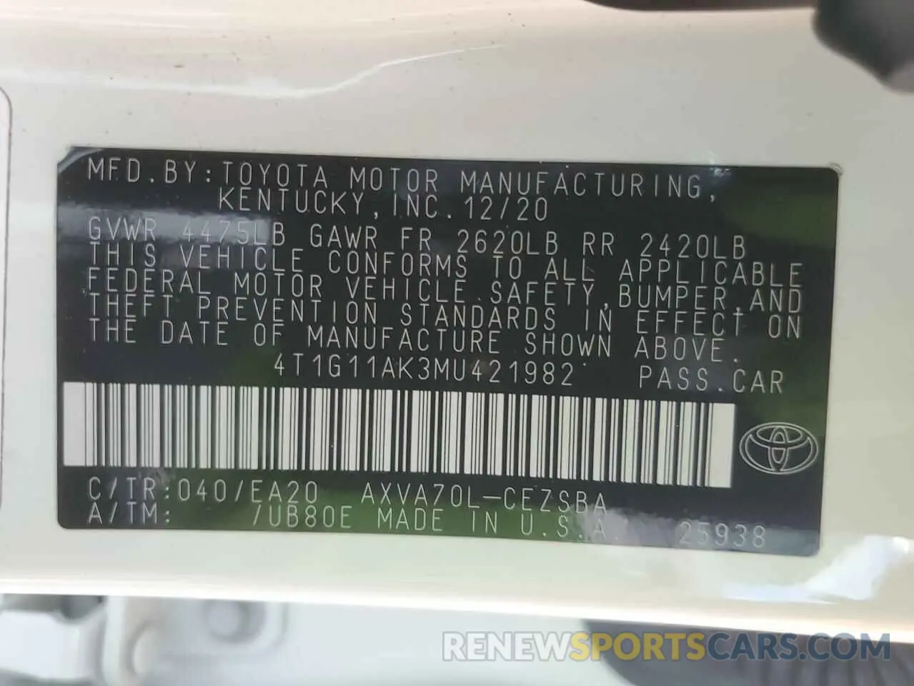 12 fotografías del automóvil dañado 4T1G11AK3MU421982 TOYOTA CAMRY 2021