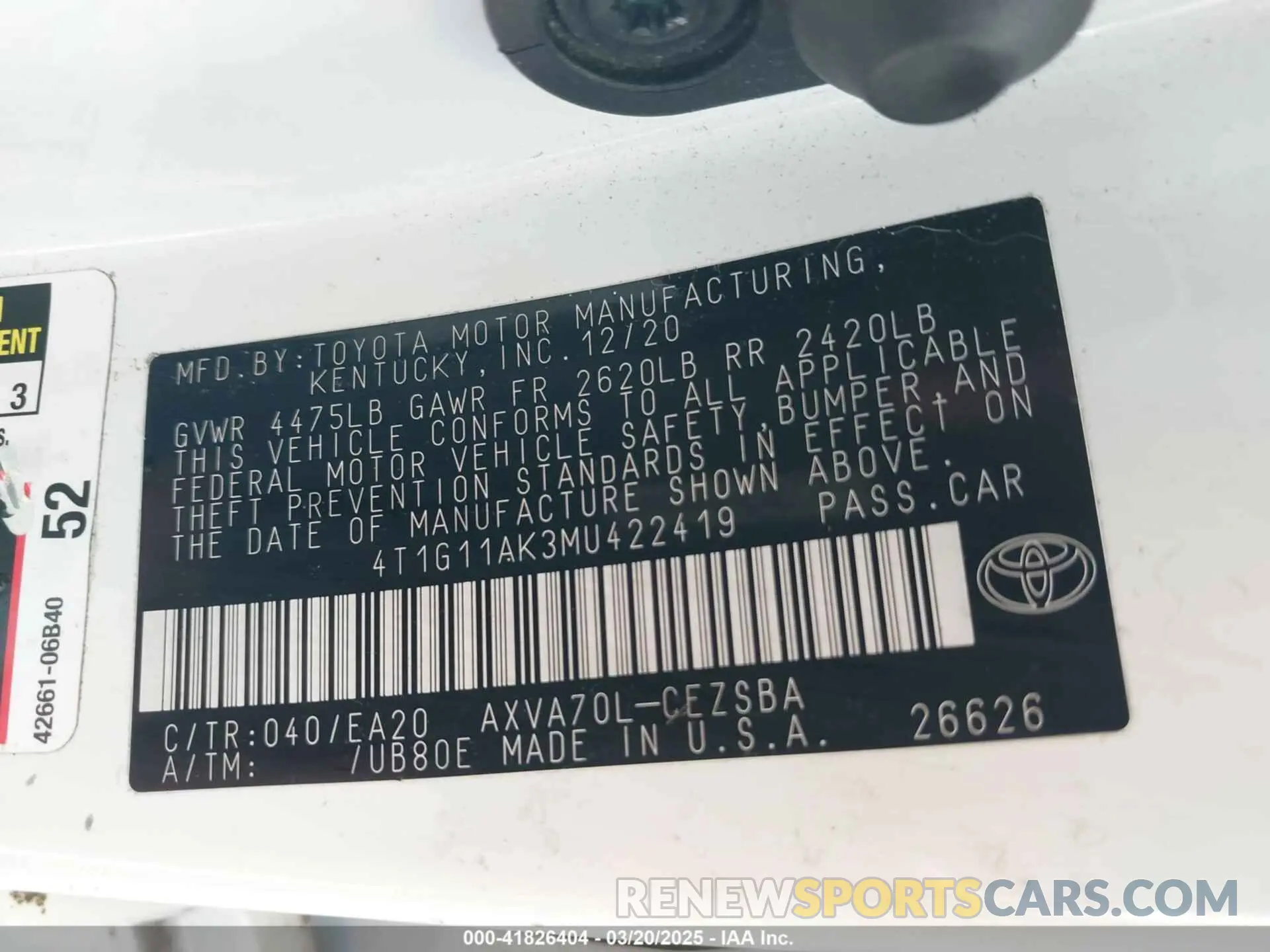 9 fotografías del automóvil dañado 4T1G11AK3MU422419 TOYOTA CAMRY 2021