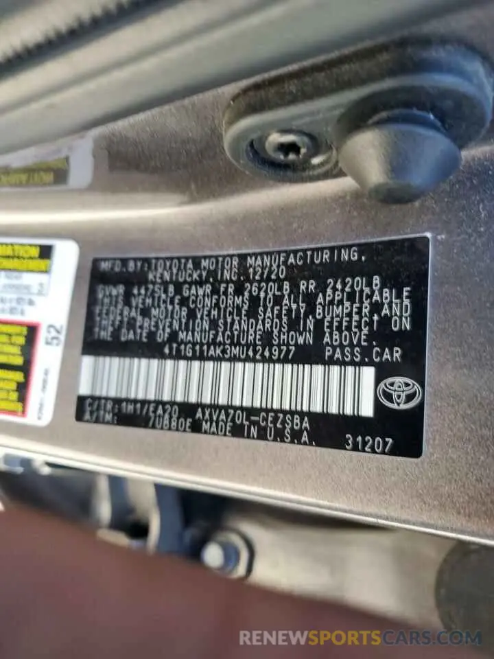 12 fotografías del automóvil dañado 4T1G11AK3MU424977 TOYOTA CAMRY 2021