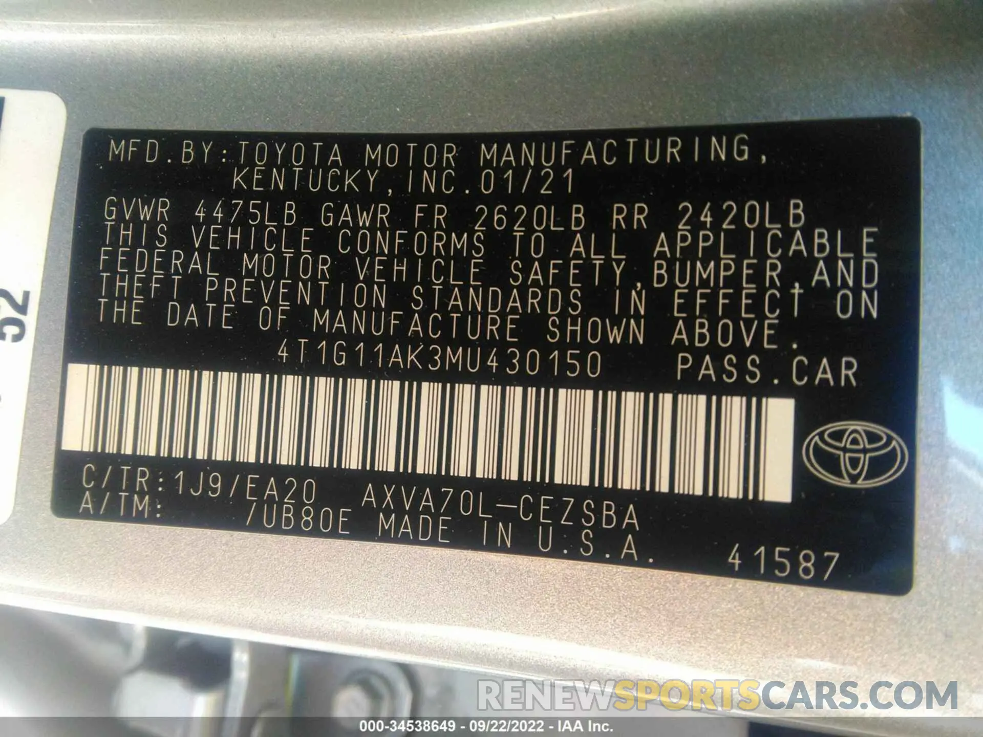 9 fotografías del automóvil dañado 4T1G11AK3MU430150 TOYOTA CAMRY 2021
