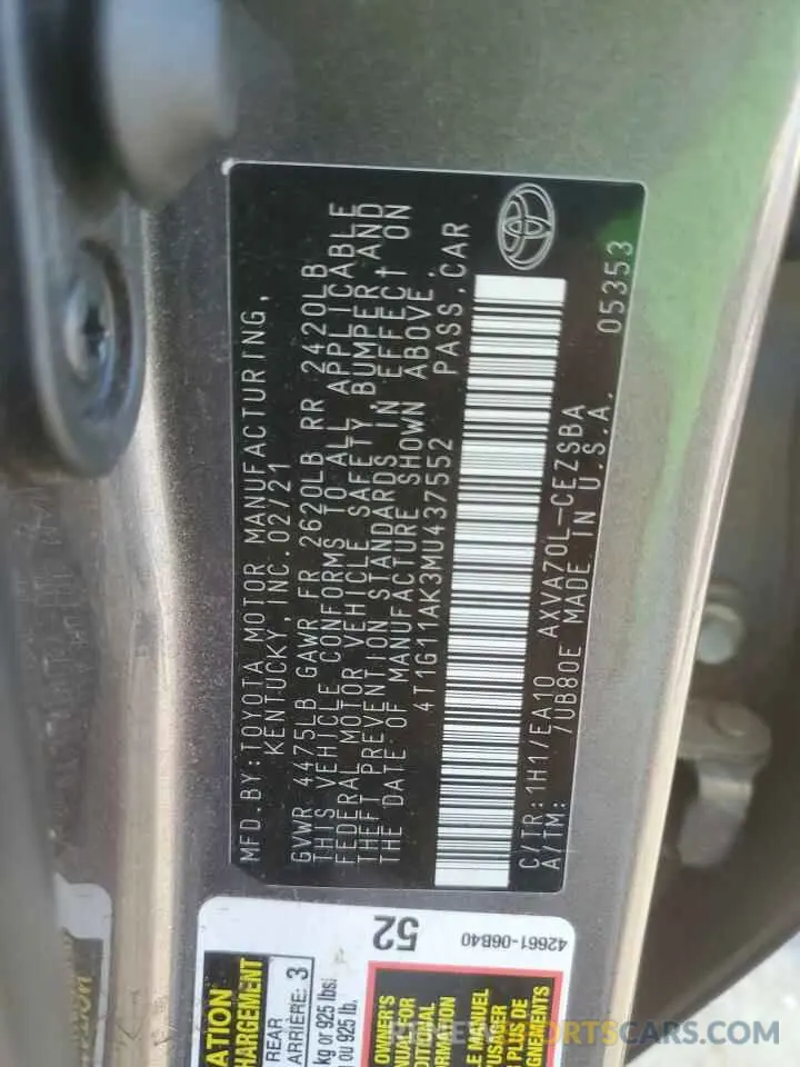 13 fotografías del automóvil dañado 4T1G11AK3MU437552 TOYOTA CAMRY 2021