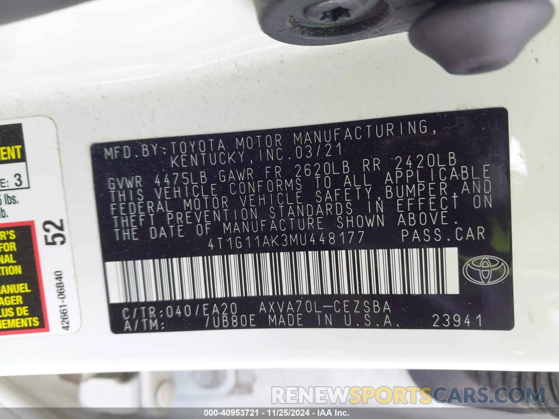 9 fotografías del automóvil dañado 4T1G11AK3MU448177 TOYOTA CAMRY 2021