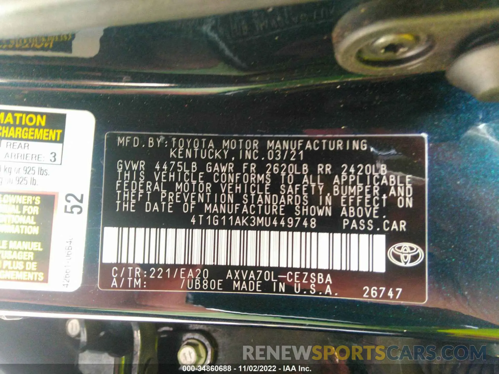 9 fotografías del automóvil dañado 4T1G11AK3MU449748 TOYOTA CAMRY 2021