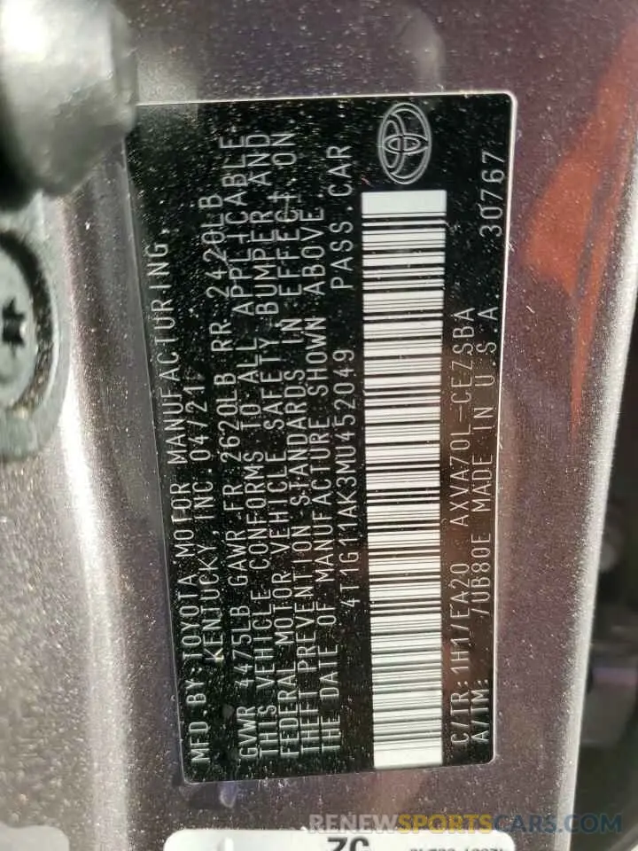 12 fotografías del automóvil dañado 4T1G11AK3MU452049 TOYOTA CAMRY 2021