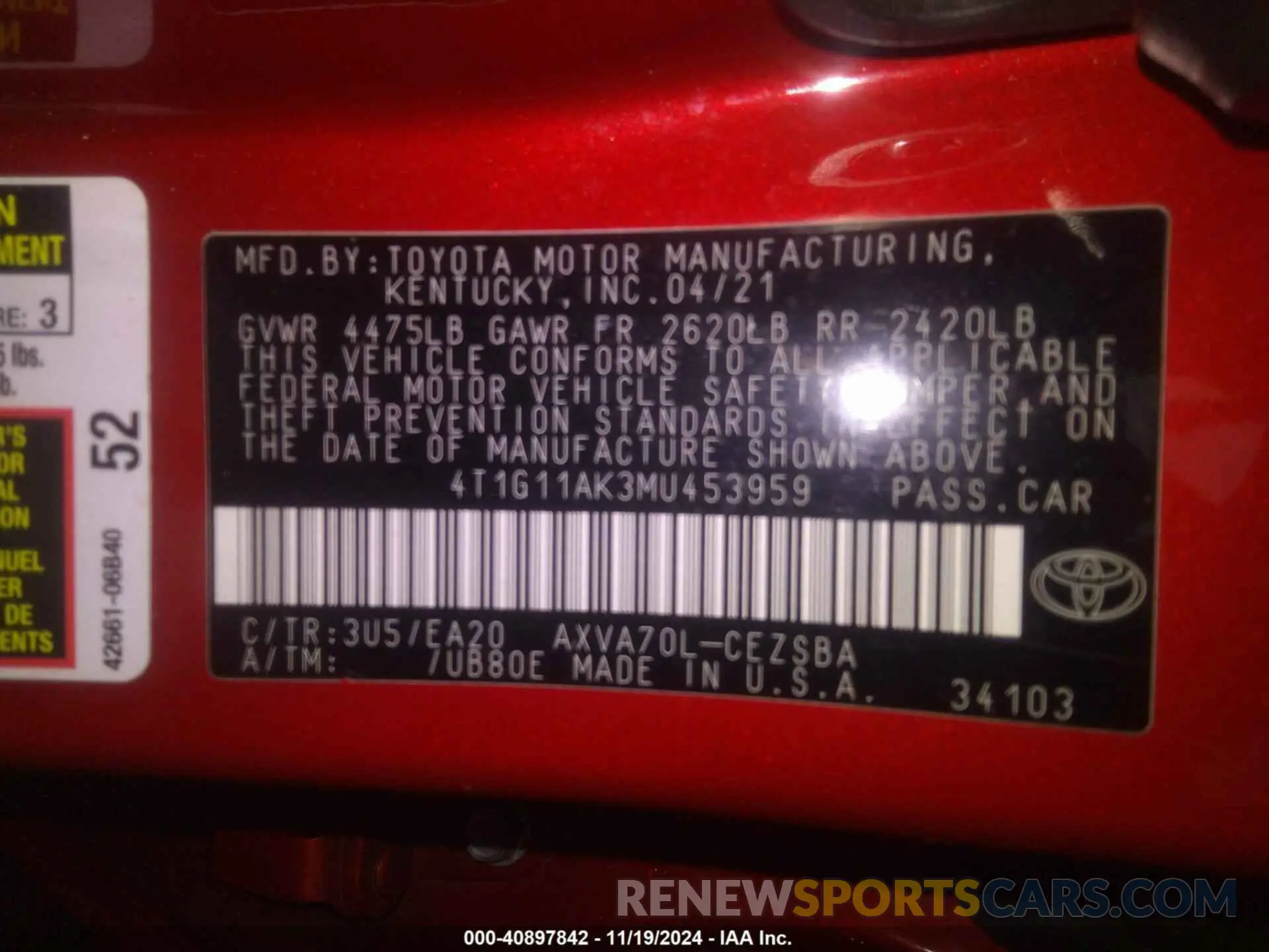 9 fotografías del automóvil dañado 4T1G11AK3MU453959 TOYOTA CAMRY 2021