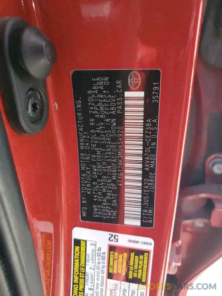 12 fotografías del automóvil dañado 4T1G11AK3MU454920 TOYOTA CAMRY 2021