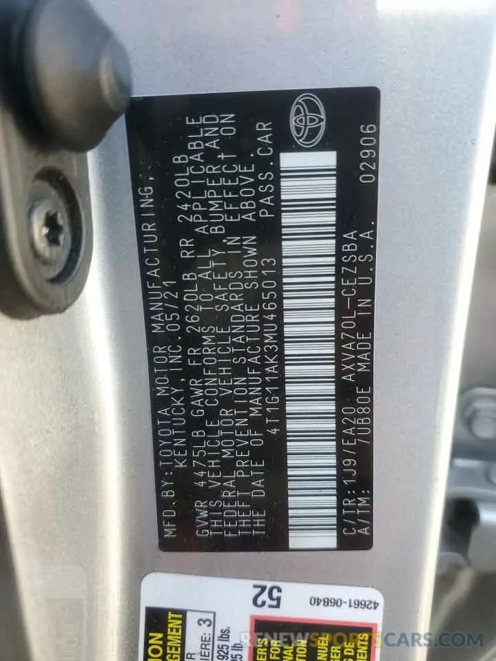 12 fotografías del automóvil dañado 4T1G11AK3MU465013 TOYOTA CAMRY 2021