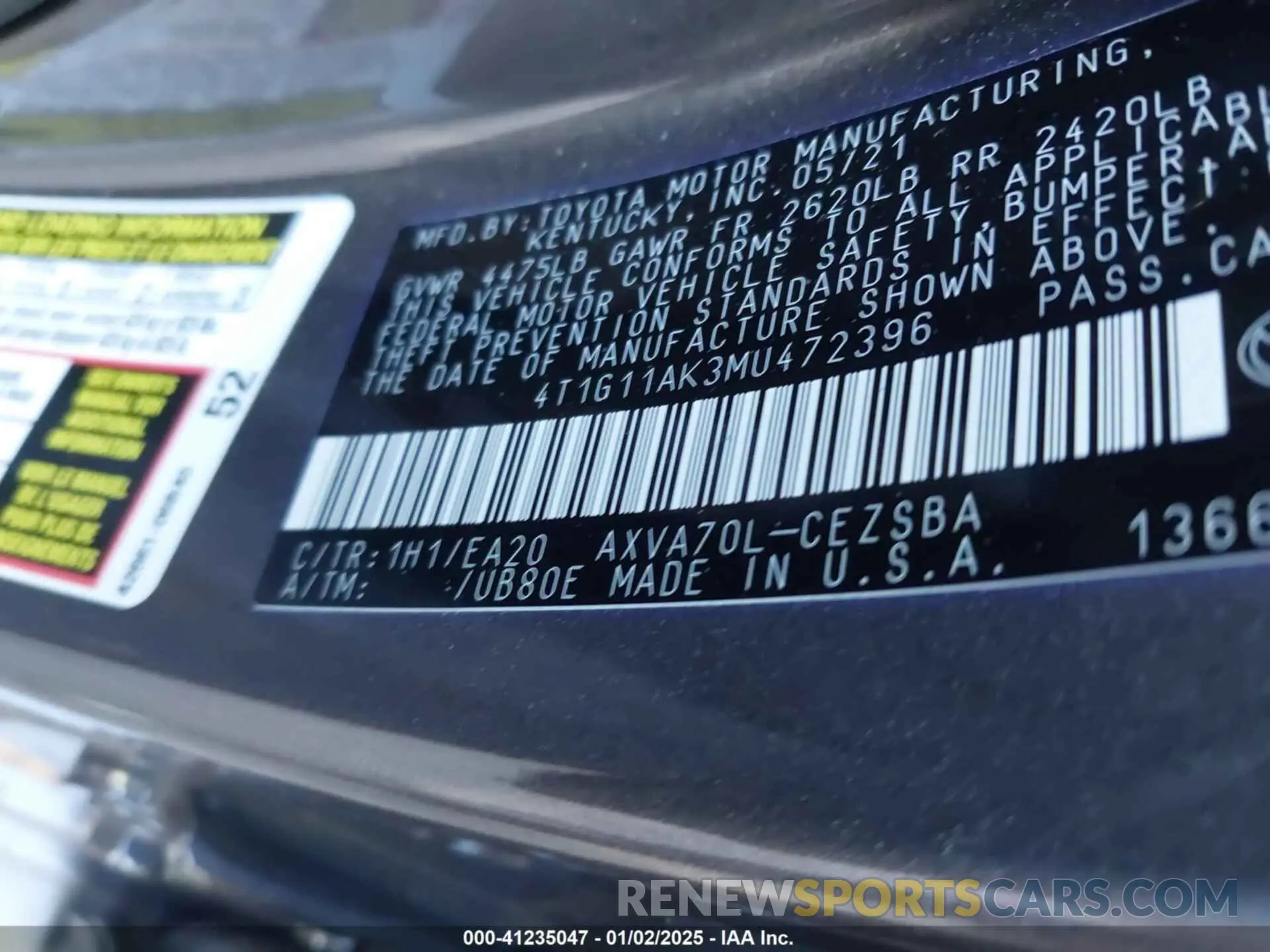 9 fotografías del automóvil dañado 4T1G11AK3MU472396 TOYOTA CAMRY 2021