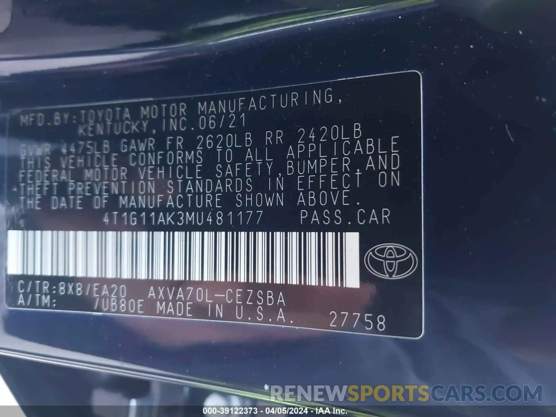 9 fotografías del automóvil dañado 4T1G11AK3MU481177 TOYOTA CAMRY 2021