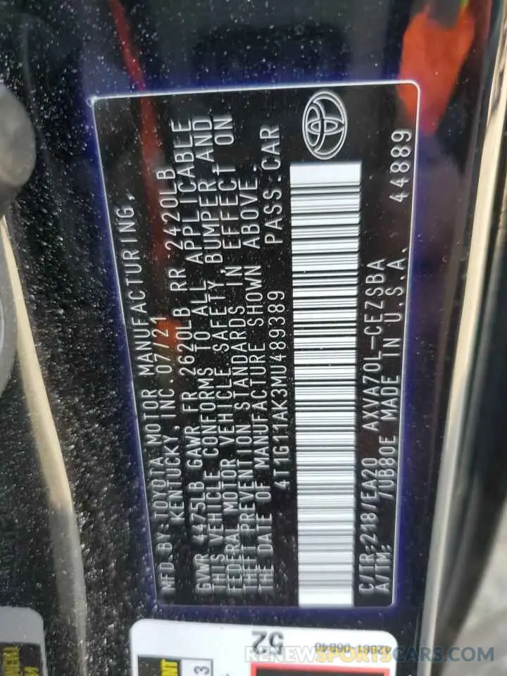12 fotografías del automóvil dañado 4T1G11AK3MU489389 TOYOTA CAMRY 2021