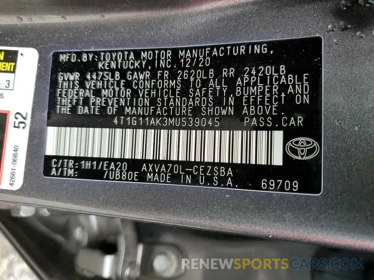 12 fotografías del automóvil dañado 4T1G11AK3MU539045 TOYOTA CAMRY 2021