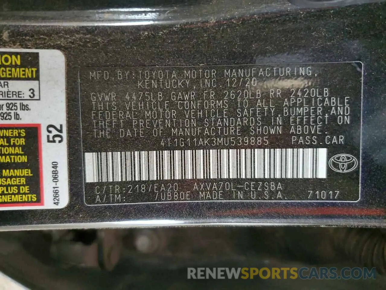 12 fotografías del automóvil dañado 4T1G11AK3MU539885 TOYOTA CAMRY 2021