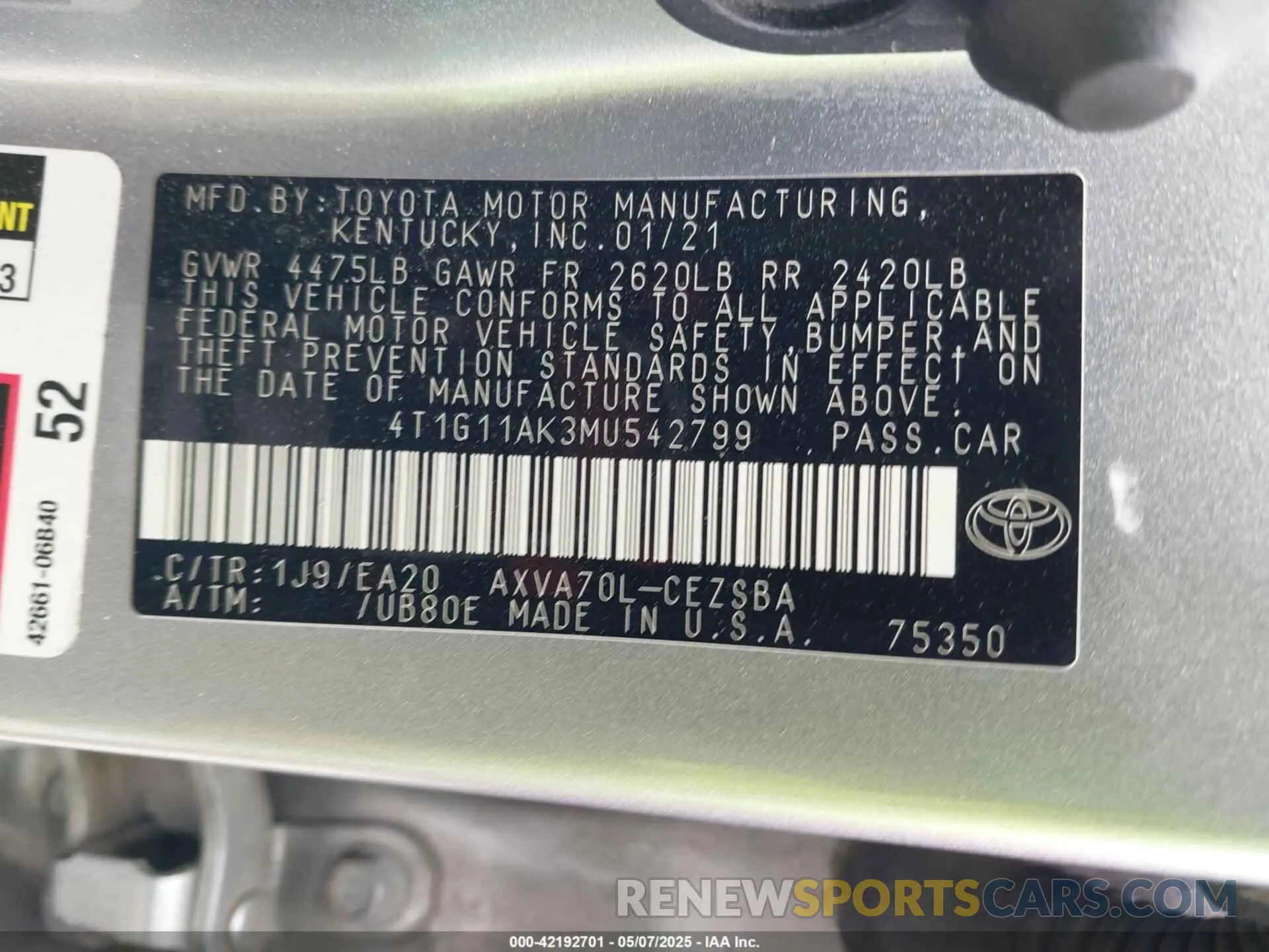 9 fotografías del automóvil dañado 4T1G11AK3MU542799 TOYOTA CAMRY 2021