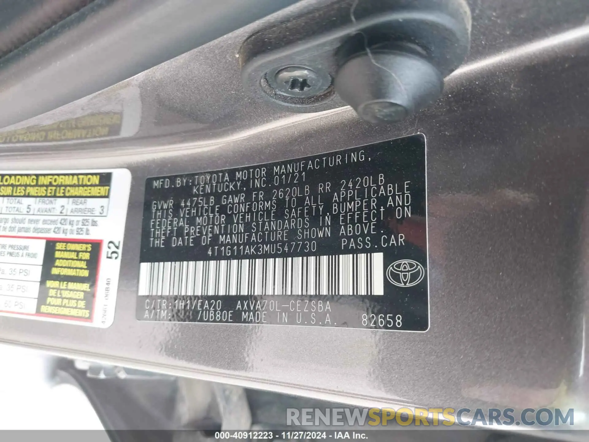 9 fotografías del automóvil dañado 4T1G11AK3MU547730 TOYOTA CAMRY 2021