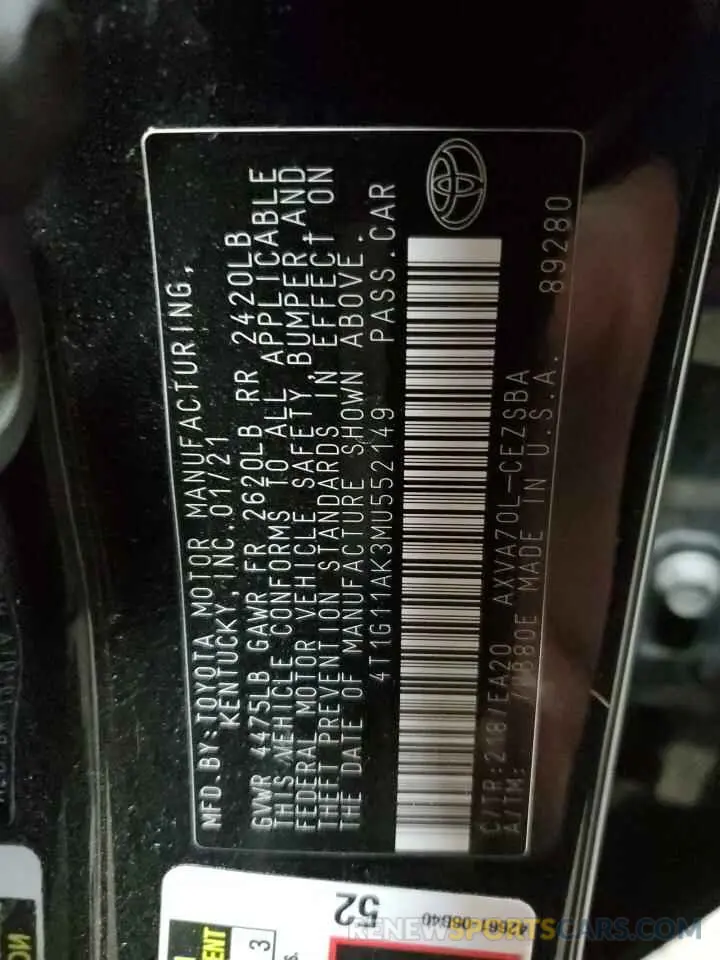 12 fotografías del automóvil dañado 4T1G11AK3MU552149 TOYOTA CAMRY 2021