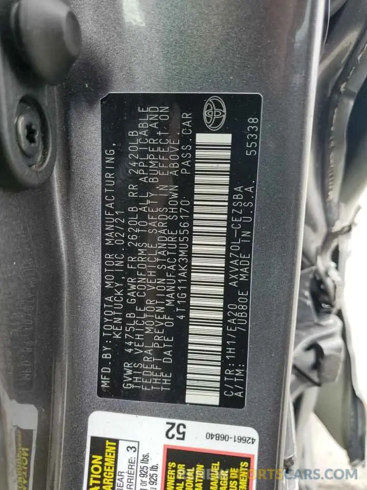 12 fotografías del automóvil dañado 4T1G11AK3MU556170 TOYOTA CAMRY 2021