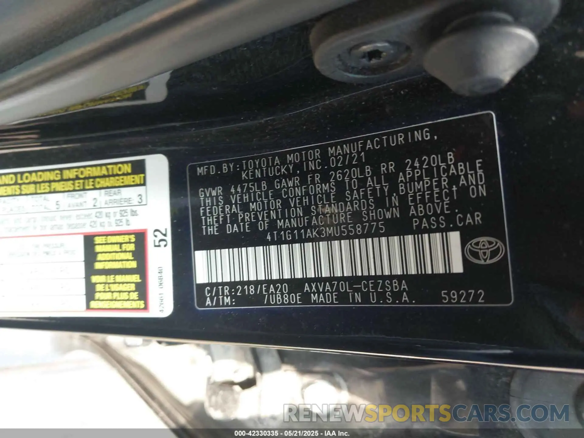 9 fotografías del automóvil dañado 4T1G11AK3MU558775 TOYOTA CAMRY 2021