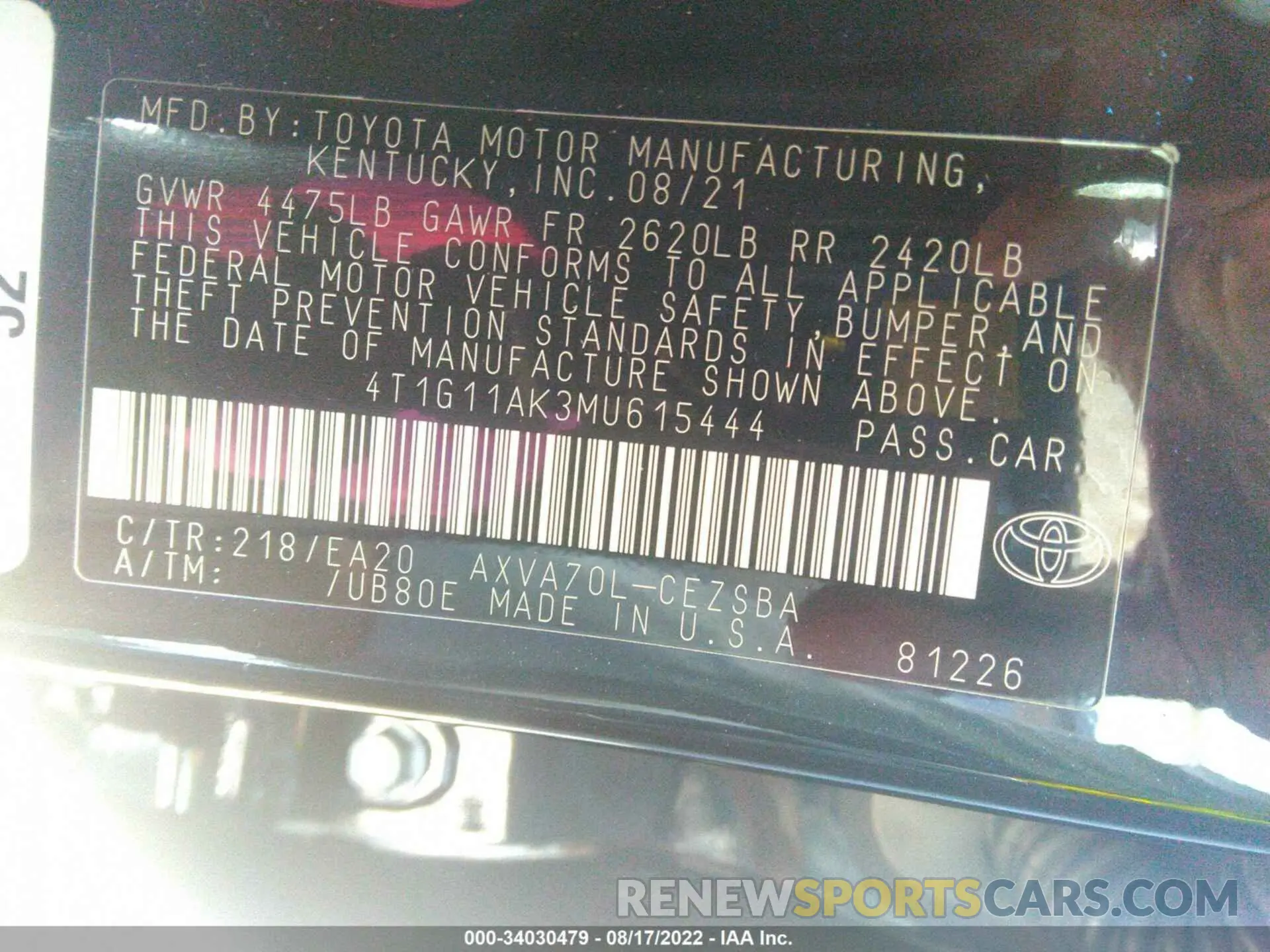 9 fotografías del automóvil dañado 4T1G11AK3MU615444 TOYOTA CAMRY 2021