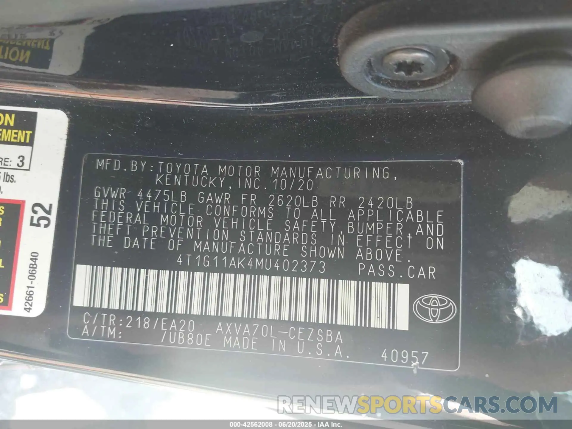 9 fotografías del automóvil dañado 4T1G11AK4MU402373 TOYOTA CAMRY 2021