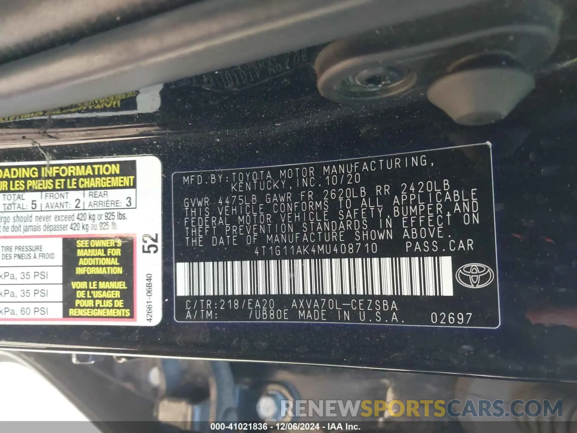 9 fotografías del automóvil dañado 4T1G11AK4MU408710 TOYOTA CAMRY 2021