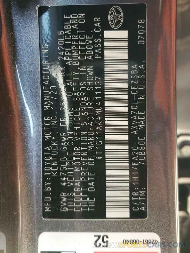 15 fotografías del automóvil dañado 4T1G11AK4MU411137 TOYOTA CAMRY 2021