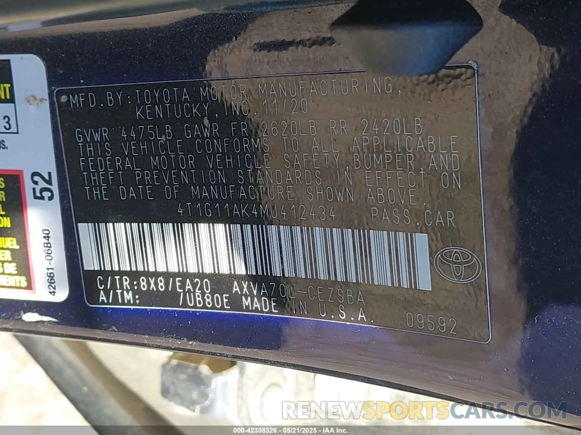 9 fotografías del automóvil dañado 4T1G11AK4MU412434 TOYOTA CAMRY 2021