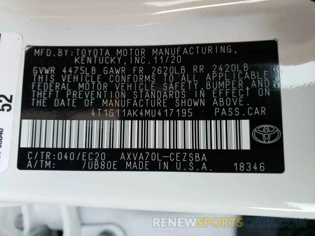 10 fotografías del automóvil dañado 4T1G11AK4MU417195 TOYOTA CAMRY 2021