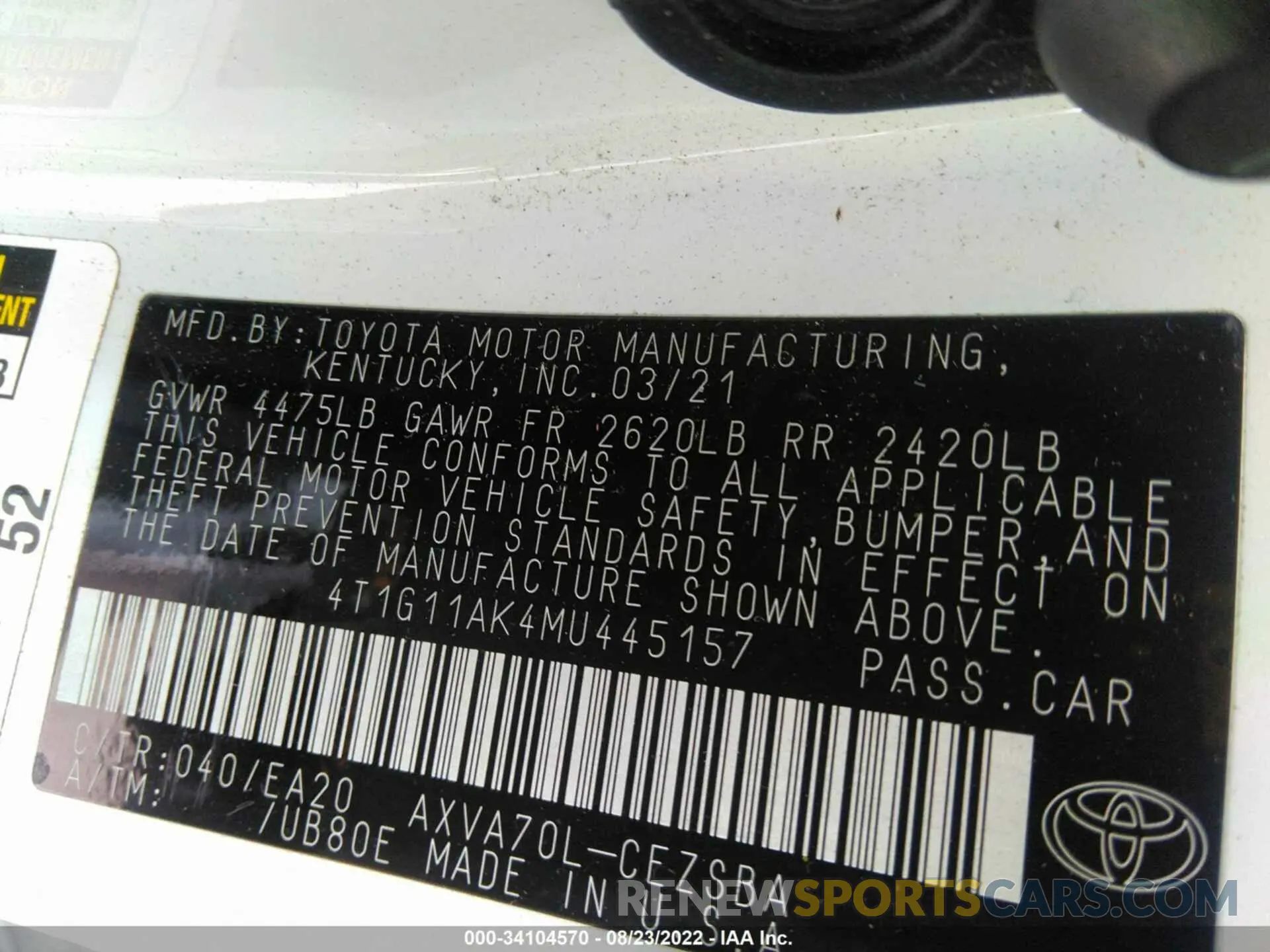 9 fotografías del automóvil dañado 4T1G11AK4MU445157 TOYOTA CAMRY 2021