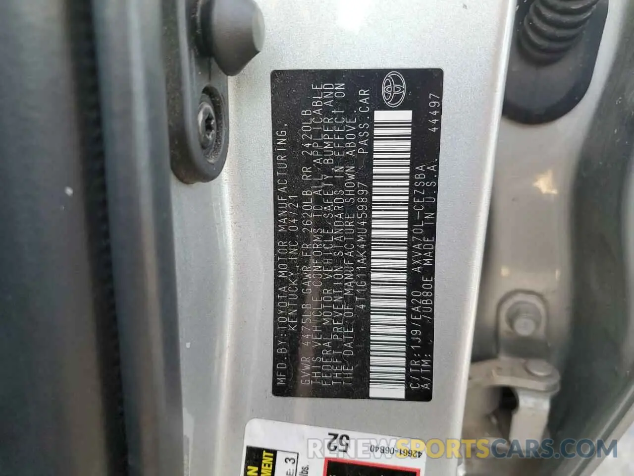 12 fotografías del automóvil dañado 4T1G11AK4MU459897 TOYOTA CAMRY 2021