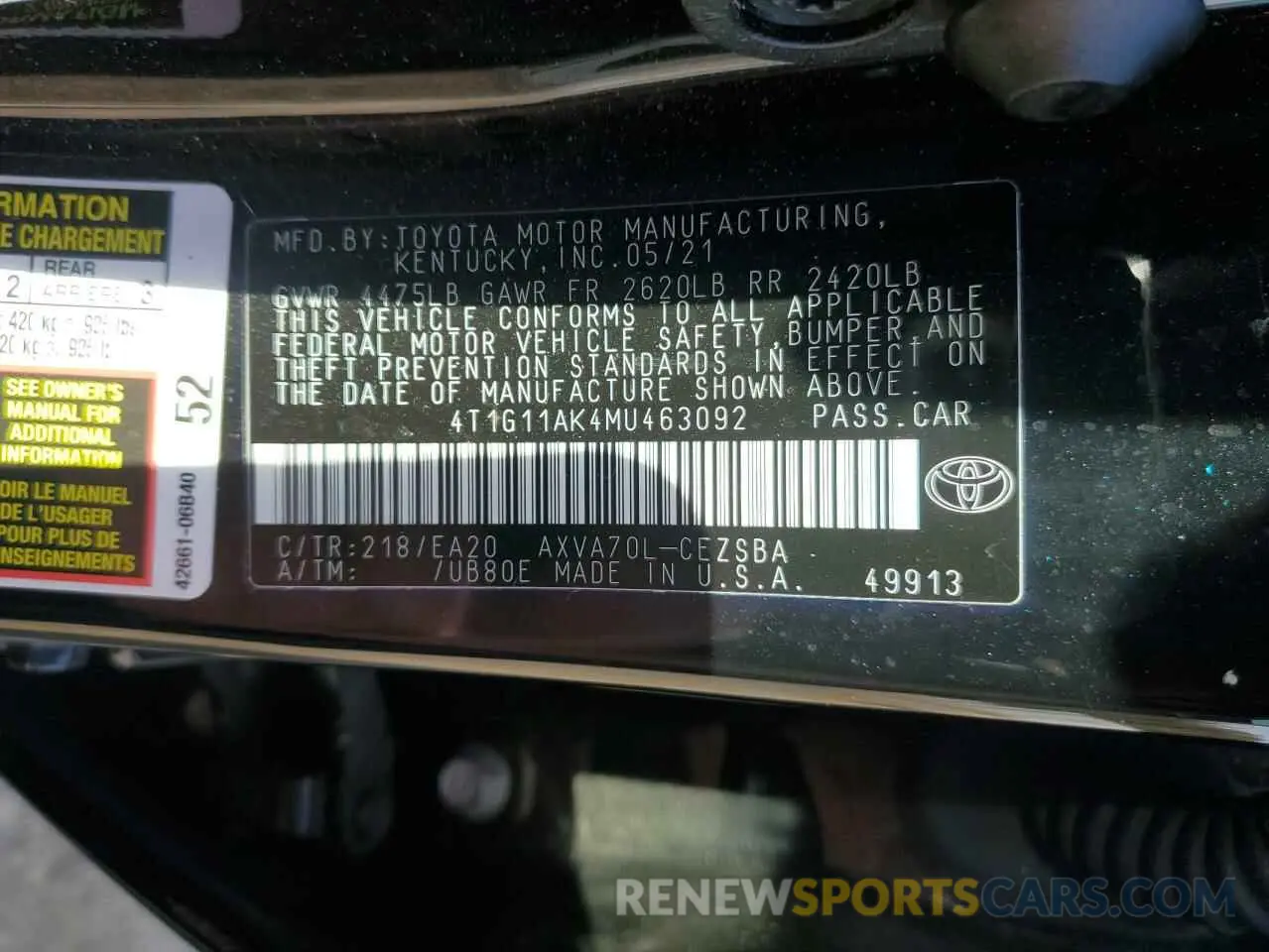 13 fotografías del automóvil dañado 4T1G11AK4MU463092 TOYOTA CAMRY 2021