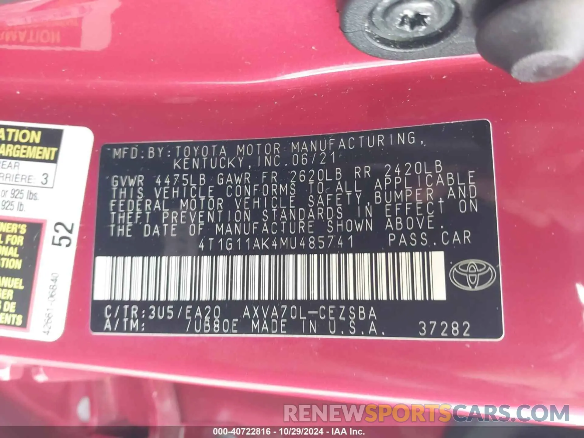 9 fotografías del automóvil dañado 4T1G11AK4MU485741 TOYOTA CAMRY 2021