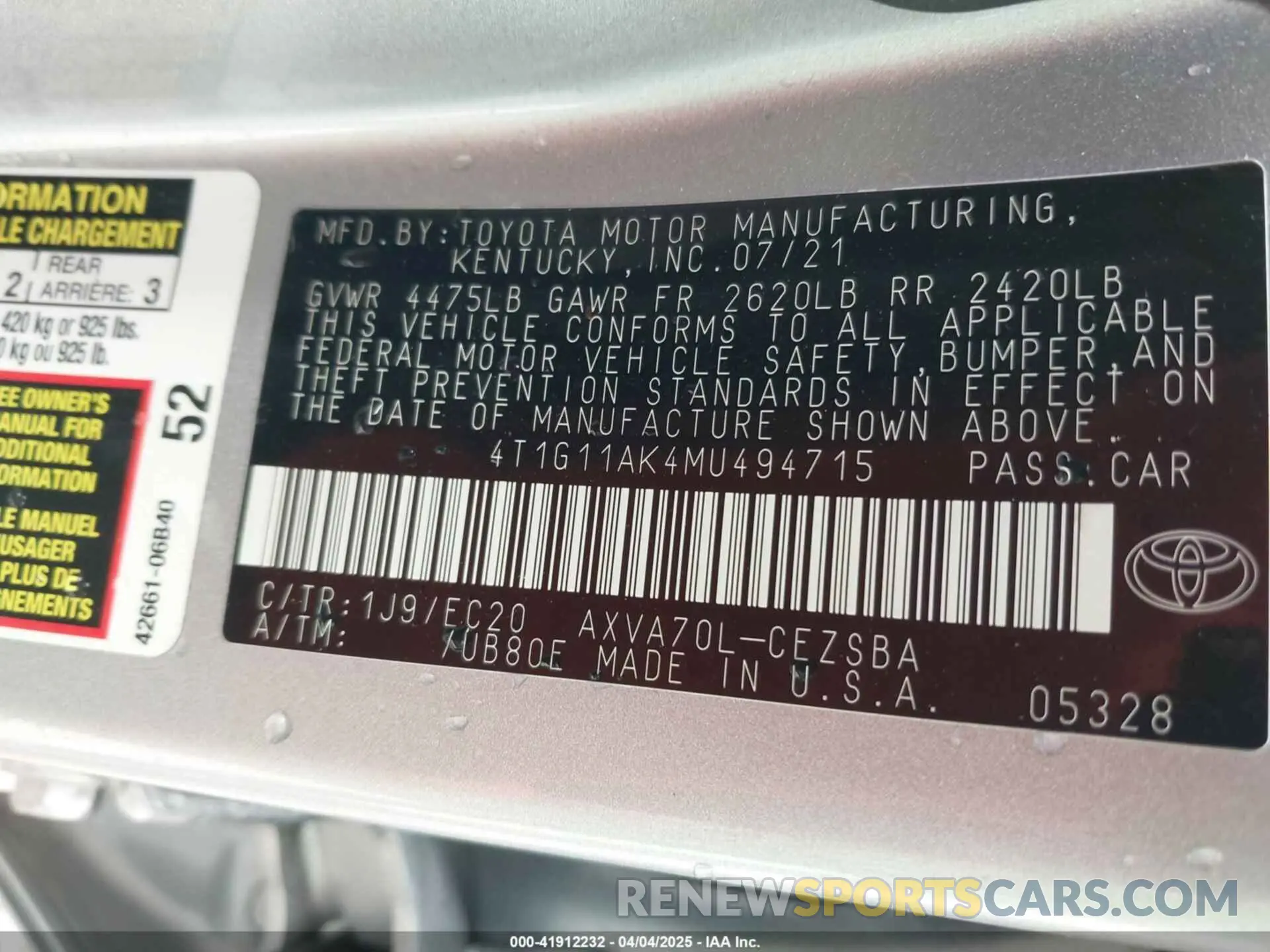 9 fotografías del automóvil dañado 4T1G11AK4MU494715 TOYOTA CAMRY 2021