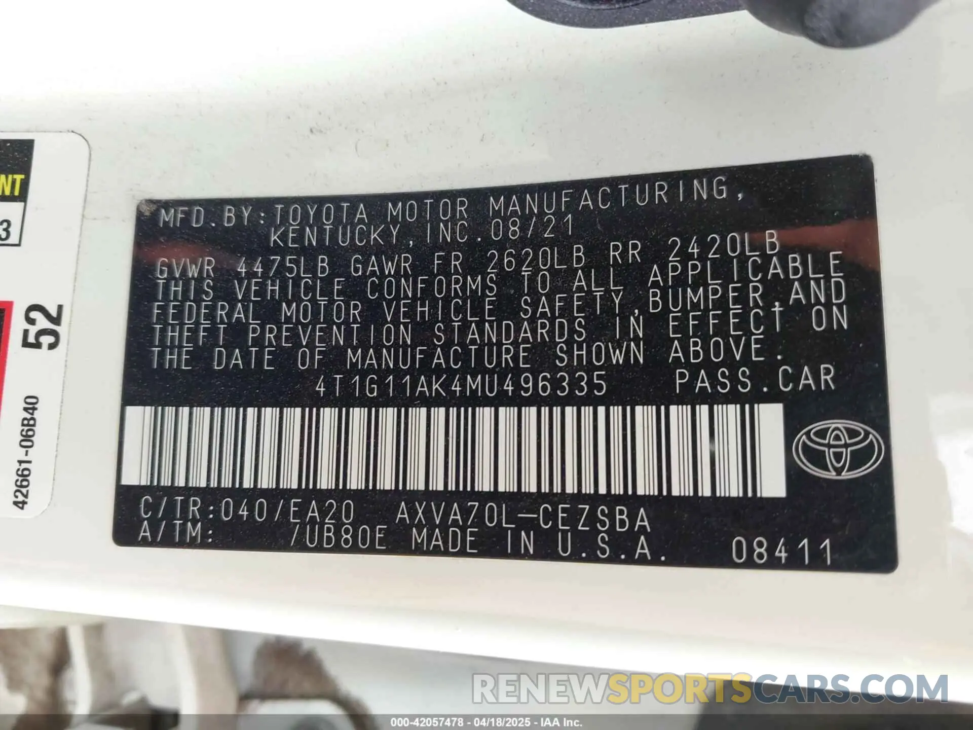 9 fotografías del automóvil dañado 4T1G11AK4MU496335 TOYOTA CAMRY 2021