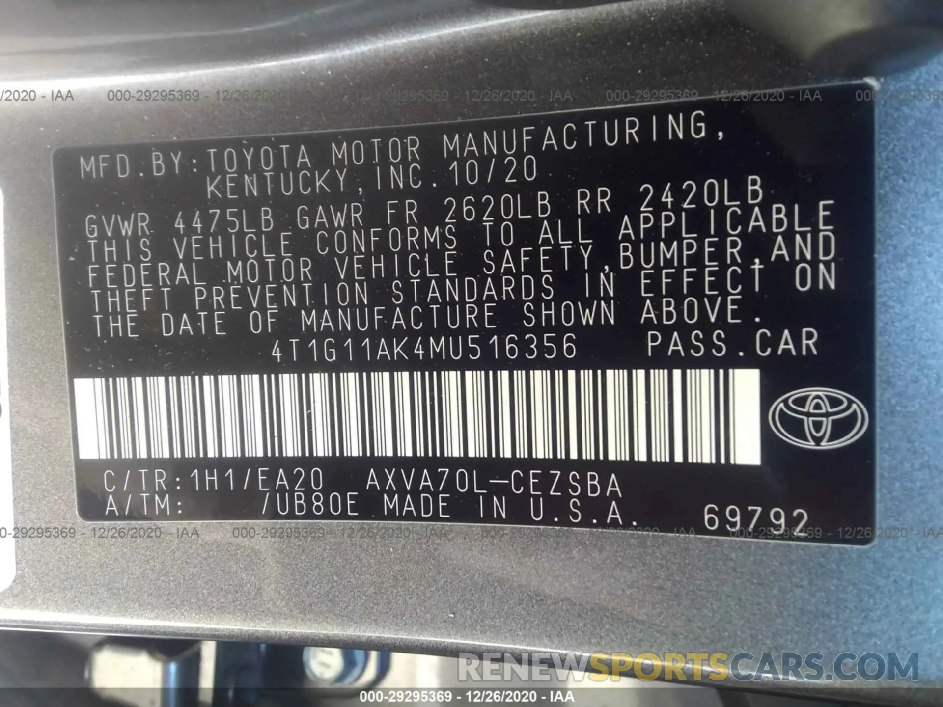 9 fotografías del automóvil dañado 4T1G11AK4MU516356 TOYOTA CAMRY 2021