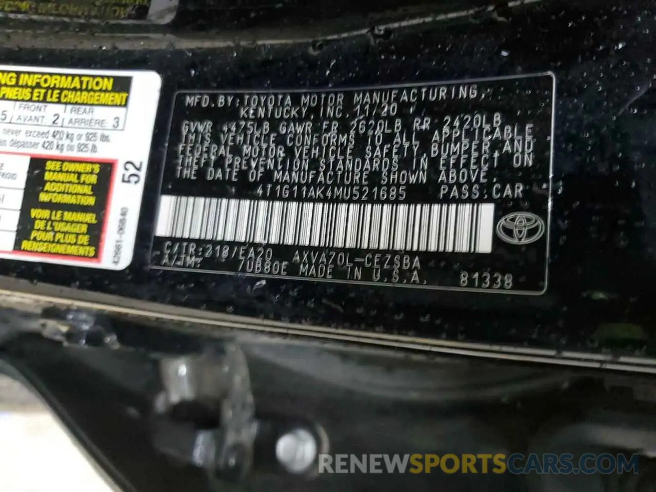 12 fotografías del automóvil dañado 4T1G11AK4MU521685 TOYOTA CAMRY 2021