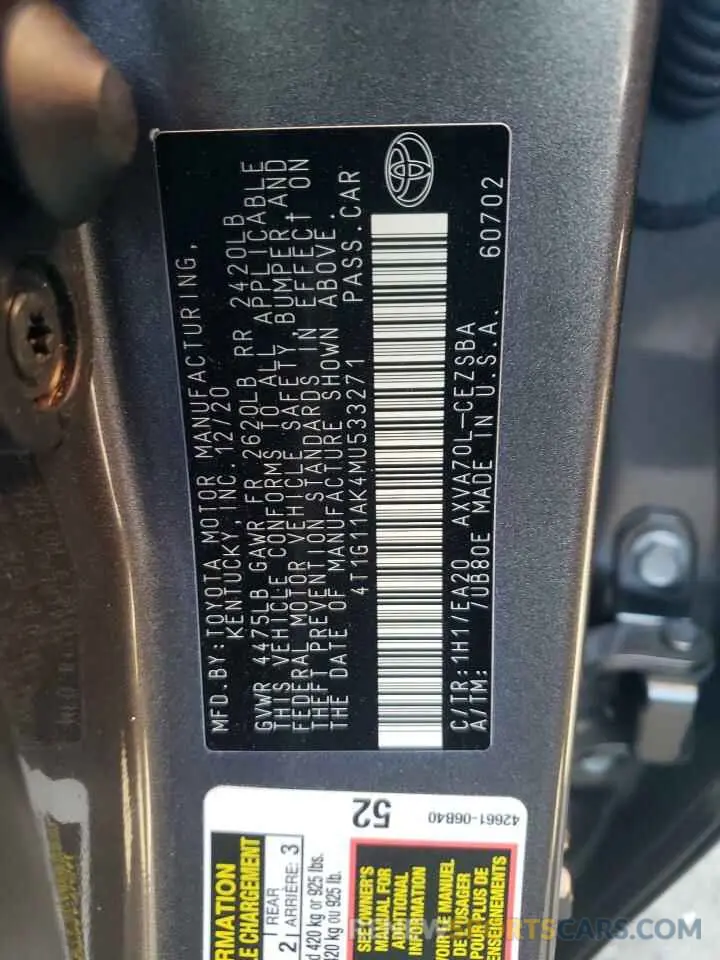 12 fotografías del automóvil dañado 4T1G11AK4MU533271 TOYOTA CAMRY 2021