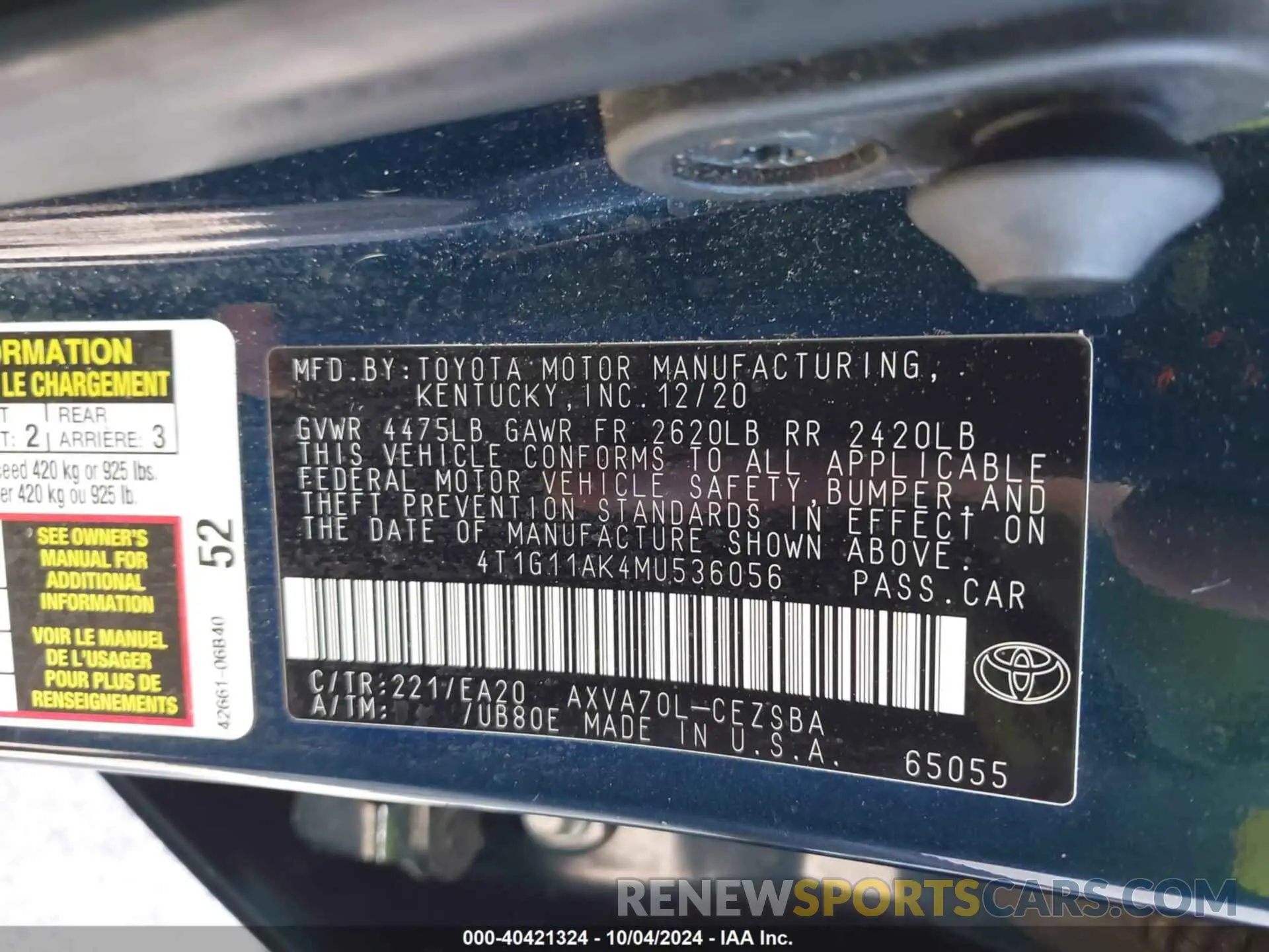 9 fotografías del automóvil dañado 4T1G11AK4MU536056 TOYOTA CAMRY 2021