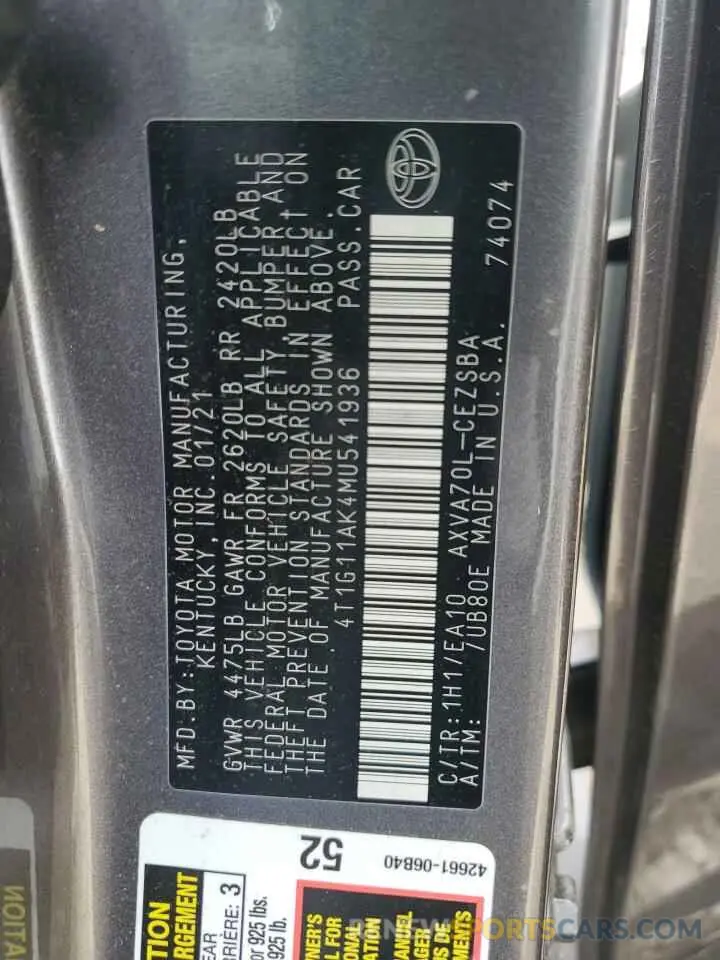 12 fotografías del automóvil dañado 4T1G11AK4MU541936 TOYOTA CAMRY 2021