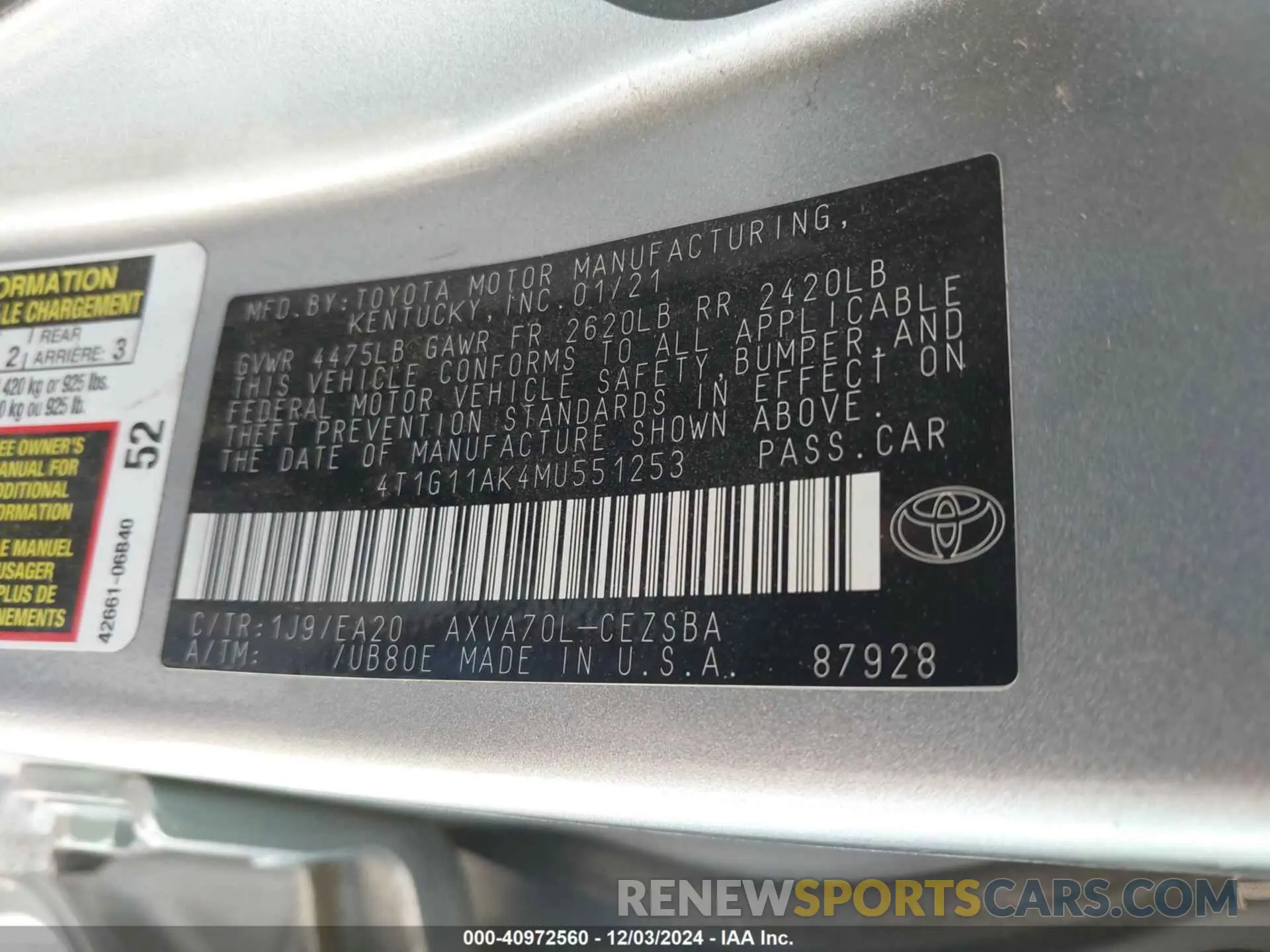 9 fotografías del automóvil dañado 4T1G11AK4MU551253 TOYOTA CAMRY 2021