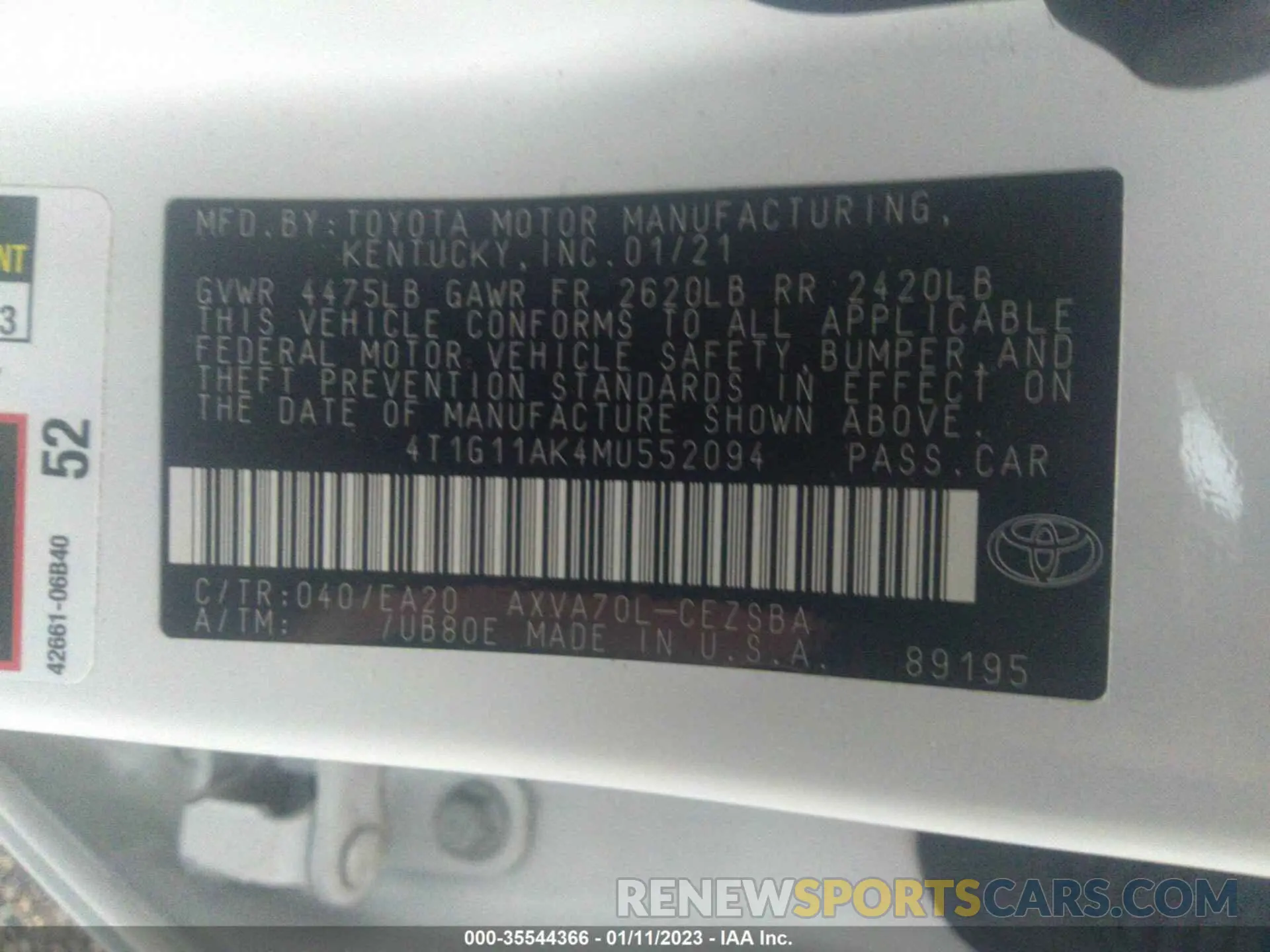 9 fotografías del automóvil dañado 4T1G11AK4MU552094 TOYOTA CAMRY 2021