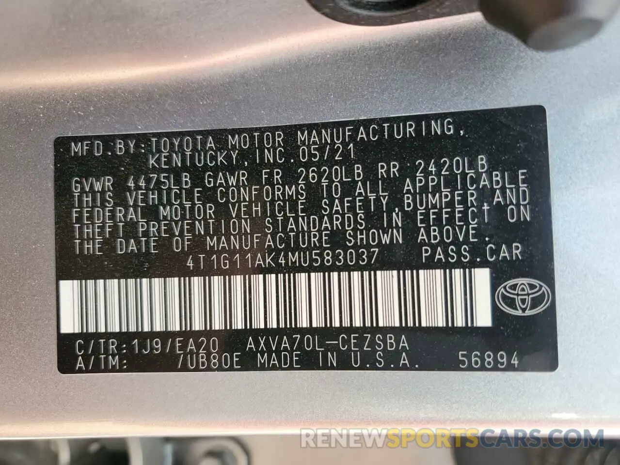 14 fotografías del automóvil dañado 4T1G11AK4MU583037 TOYOTA CAMRY 2021
