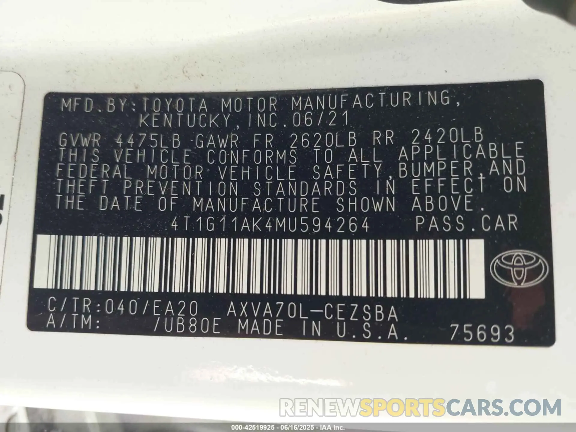 9 fotografías del automóvil dañado 4T1G11AK4MU594264 TOYOTA CAMRY 2021