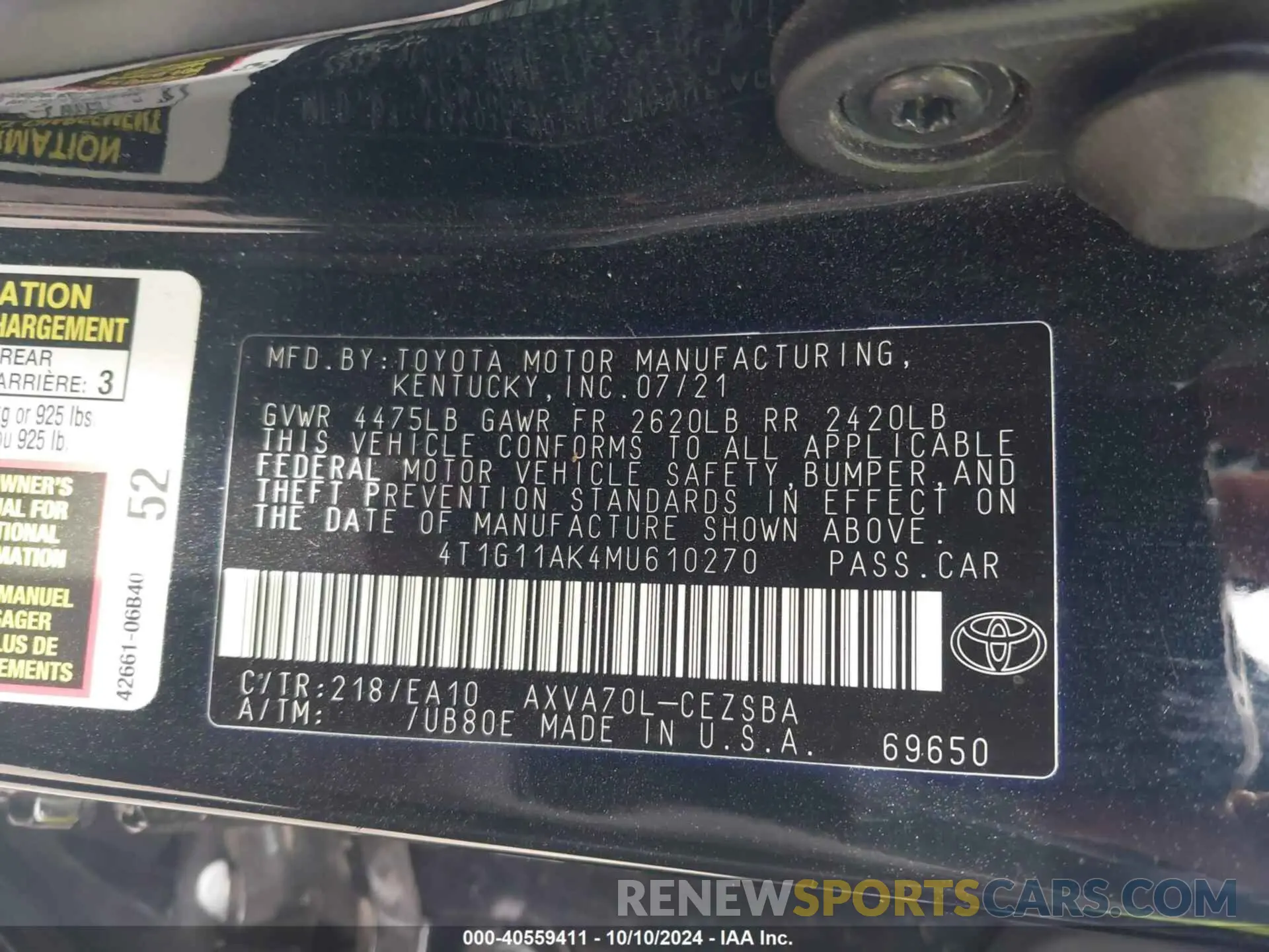 9 fotografías del automóvil dañado 4T1G11AK4MU610270 TOYOTA CAMRY 2021