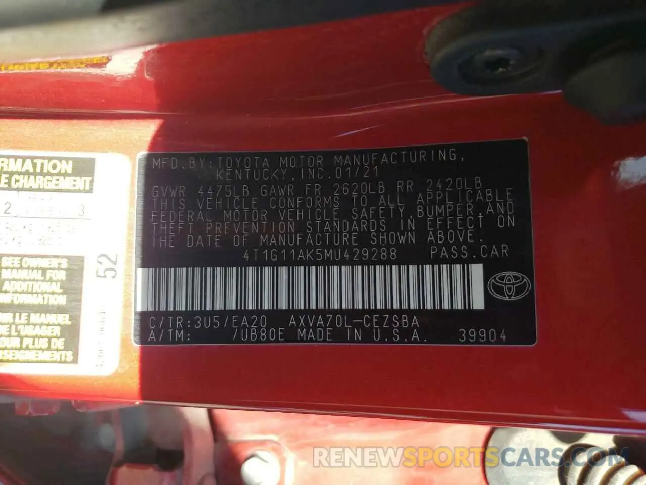 12 fotografías del automóvil dañado 4T1G11AK5MU429288 TOYOTA CAMRY 2021