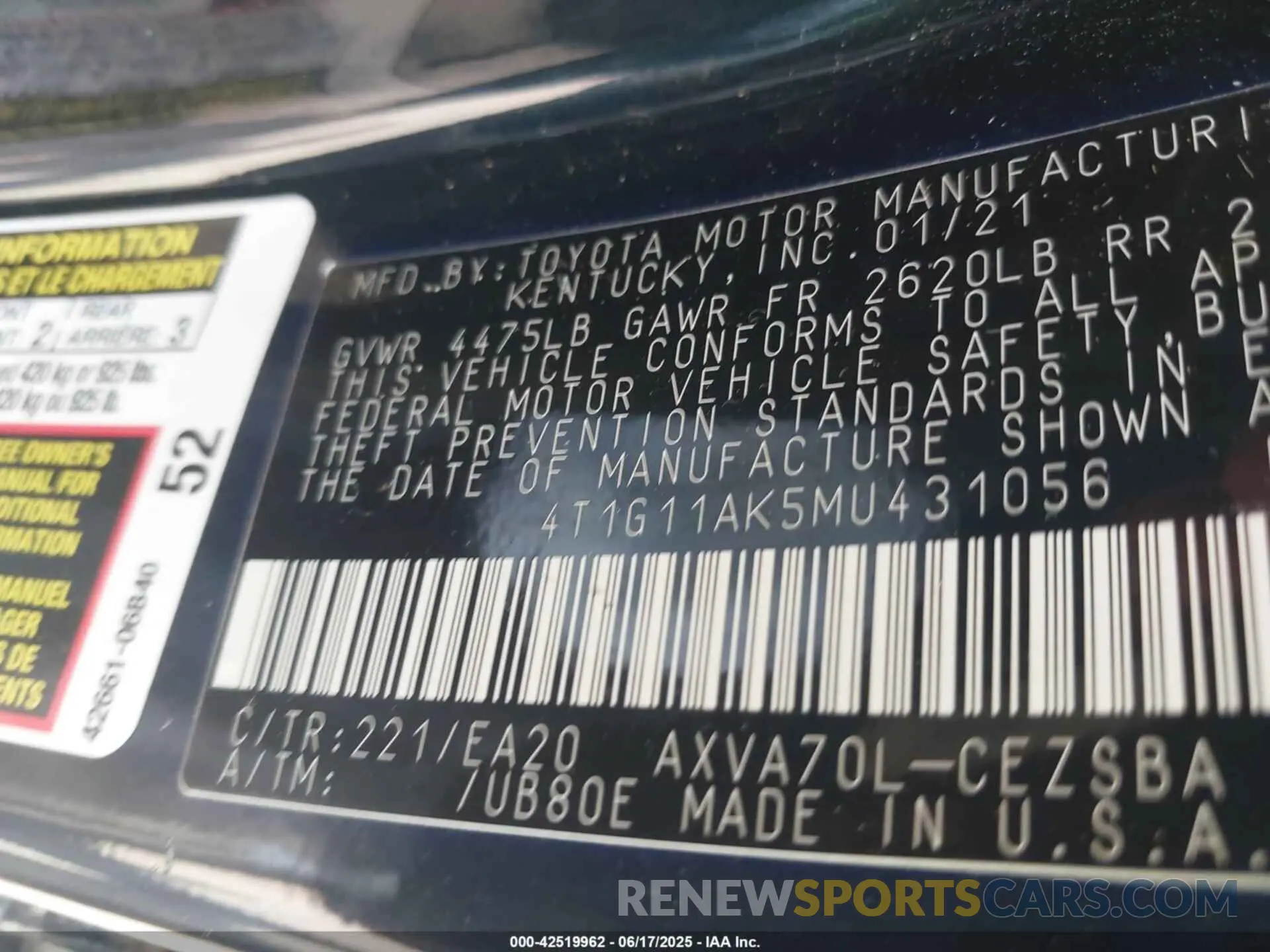 9 fotografías del automóvil dañado 4T1G11AK5MU431056 TOYOTA CAMRY 2021