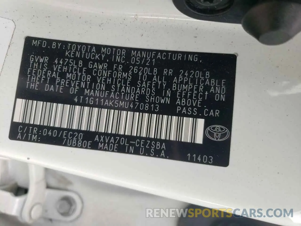 12 fotografías del automóvil dañado 4T1G11AK5MU470813 TOYOTA CAMRY 2021